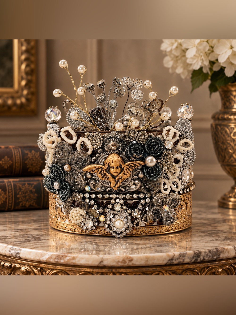 Sovereign Decor Crown – Antique Silver Cherub Crown, Beaded Crystal Statement